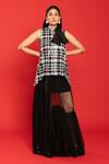 Buy_POOJA SHROFF_Black Net Embellished Sequin Band Collar Gabrielle Checkered Pattern Top _at_Aza_Fashions