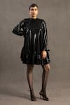 Buy_POOJA SHROFF_Black Knit Foil Round Tiered Short Dress _at_Aza_Fashions