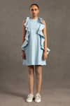 Buy_POOJA SHROFF_Blue Cotton Denim Embellished Crystal Round Ruffled Dress _at_Aza_Fashions