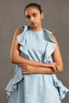 POOJA SHROFF_Blue Cotton Denim Embellished Crystal Round Ruffled Dress _Online_at_Aza_Fashions