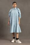 Buy_POOJA SHROFF_Blue Cotton Denim Embellished Pearl Collared Shirt Dress _at_Aza_Fashions