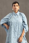 POOJA SHROFF_Blue Cotton Denim Embellished Pearl Collared Shirt Dress _Online_at_Aza_Fashions