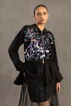 POOJA SHROFF_Black Knit Embellished Collared Peplum Bomber Jacket _Online_at_Aza_Fashions