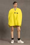 Buy_POOJA SHROFF_Yellow Suede V Neck Solid Cape _at_Aza_Fashions