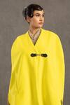 POOJA SHROFF_Yellow Suede V Neck Solid Cape _Online_at_Aza_Fashions