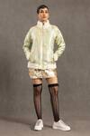 Buy_Pooja Shroff_Green Jacquard, Fur High Neck Mint And Off White Bomber Jacket_at_Aza_Fashions