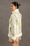 Shop_Pooja Shroff_Green Jacquard, Fur High Neck Mint And Off White Bomber Jacket_at_Aza_Fashions