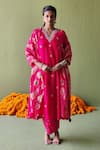 Buy_Pooja Singhal_Pink Silk Embroidery Marodi Split V Neck Bloom Kurta Pant Set _at_Aza_Fashions