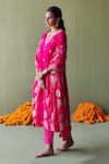 Pooja Singhal_Pink Silk Embroidery Marodi Split V Neck Bloom Kurta Pant Set _Online_at_Aza_Fashions