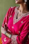 Buy_Pooja Singhal_Pink Silk Embroidery Marodi Split V Neck Bloom Kurta Pant Set _Online_at_Aza_Fashions