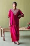 Buy_Pooja Singhal_Pink Silk Embroidery Marodi Split V Neck Blossom Kurta With Harem Pant _at_Aza_Fashions