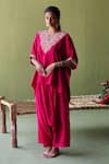 Buy_Pooja Singhal_Pink Silk Embroidery Marodi Split V Neck Blossom Kurta With Harem Pant _Online_at_Aza_Fashions