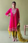 Buy_Pooja Singhal_Pink Silk Embroidery Marodi Split V Neck Bloom Paisley Anarkali Set _at_Aza_Fashions