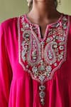 Pooja Singhal_Pink Silk Embroidery Marodi Split V Neck Bloom Paisley Anarkali Set _Online_at_Aza_Fashions