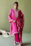 Buy_Pooja Singhal_Pink Silk Print Blossom Split V Neck Bahar Marodi Embroidered Kurta Pant Set _at_Aza_Fashions