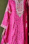 Pooja Singhal_Pink Silk Print Blossom Split V Neck Bahar Marodi Embroidered Kurta Pant Set _Online_at_Aza_Fashions