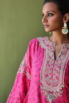 Buy_Pooja Singhal_Pink Silk Print Blossom Split V Neck Bahar Marodi Embroidered Kurta Pant Set _Online_at_Aza_Fashions