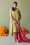 Buy_Pooja Singhal_Green Handwoven Tissue Embroidery Blossom Round Neck Gul Cuff Kurta Pant Set _at_Aza_Fashions