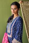 Pooja Singhal_Blue Silk Print Phool Split V Neck And Marodi Embroidered Kurta Set _Online_at_Aza_Fashions