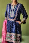 Buy_Pooja Singhal_Blue Silk Print Phool Split V Neck And Marodi Embroidered Kurta Set _Online_at_Aza_Fashions