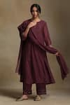 Weaver Story_Wine Kurta And Dupatta Chanderi Embroidery Beads Notched Floral Flared Set _Online_at_Aza_Fashions