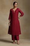 Weaver Story_Red Kurta And Dupatta Chanderi Embroidery Floral V-neck Sequin A-line Set _Online_at_Aza_Fashions