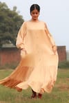 Buy_Doodlage_Beige Bemberg Solid Round Frilled Dress _at_Aza_Fashions