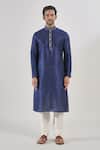 Shop_Arihant Rai Sinha_Blue Silk Embroidery Navy Thread Work Kurta And Churidar Set _Online_at_Aza_Fashions
