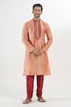 Arihant Rai Sinha_Coral Kurta Poly Silk Embroidered Thread Placket And Churidar Set _at_Aza_Fashions