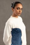 POOJA SHROFF_White Knit Embellished Pearl Round Color Blocked Sweatshirt _Online_at_Aza_Fashions