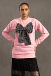 POOJA SHROFF_Pink Knit Round Tweed Bow Sweatshirt _Online_at_Aza_Fashions