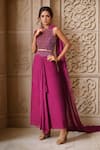 Buy_Samyukta Singhania_Wine Dola Silk Embroidery Sequin And Crystal Bead Jaal Blouse With Draped Skirt _at_Aza_Fashions