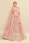 Shop_Kalighata_Pink Velvet Embroidered Cutdana Plunge Midaas Bridal Lehenga Set _Online_at_Aza_Fashions