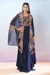 Buy_Samyukta Singhania_Blue Cape Pure Organza Hand Embroidered Floral Blouse With Draped Skirt Set _at_Aza_Fashions