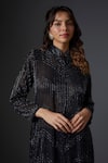 Buy_STUDIO A_Black Georgette Embroidery Cutdana Stand Collar Stripe Jacket Kurta With Pant _Online_at_Aza_Fashions