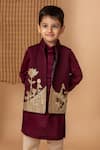 Lil Angels_Wine Silk Embroidery Dori And Sequin Peacock Bundi Kurta Set _Online_at_Aza_Fashions