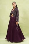 Samyukta Singhania_Wine Georgette Hand Embroidery Sequin Blouse V Neck Bead Jacket And Lehenga Set _at_Aza_Fashions