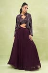 Buy_Samyukta Singhania_Wine Georgette Hand Embroidery Sequin Blouse V Neck Bead Jacket And Lehenga Set 