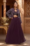 Buy_Samyukta Singhania_Wine Georgette Hand Embroidery Sequin Blouse V Neck Bead Jacket And Lehenga Set _at_Aza_Fashions