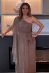 Buy_Babita Malkani_Brown Crepe Embroidered Sequin One Shoulder Kaftan Dress _at_Aza_Fashions