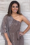 Shop_Babita Malkani_Brown Crepe Embroidered Sequin One Shoulder Kaftan Dress 