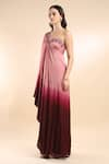 AMRTA by GUNEET KONDAL_Pink Shell 100% Viscose Satin Ombre One Shoulder Embellished Neckline Kaftan _Online_at_Aza_Fashions