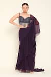 Buy_AMRTA by GUNEET KONDAL_Purple Blouse Shell 100% Satin Solid Pre-draped Ruffle Saree With Corset _at_Aza_Fashions