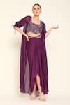 Buy_AMRTA by GUNEET KONDAL_Purple Blouse Shell 100% Silk Embroidery Ruched Sleeves Cape Draped Skirt Set _at_Aza_Fashions