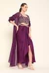 Shop_AMRTA by GUNEET KONDAL_Purple Blouse Shell 100% Silk Embroidery Ruched Sleeves Cape Draped Skirt Set _at_Aza_Fashions