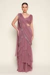 Buy_AMRTA by GUNEET KONDAL_Purple Shell 100% Ae Mara Zohra Jabeen Pre-draped Ruffle Saree With Blouse _at_Aza_Fashions