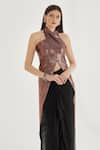 Buy_Cham Cham_Brown Stretch Knit Foil Criss-cross Metallic Asymmetric Top With Ruffle Skirt _Online_at_Aza_Fashions