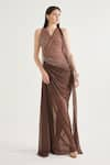 Buy_Cham Cham_Brown Stretch Knit Embroidery Spiral Sequin Cord V Neck Gathered Gown _at_Aza_Fashions