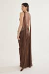 Cham Cham_Brown Stretch Knit Embroidery Spiral Sequin Cord V Neck Gathered Gown _Online_at_Aza_Fashions