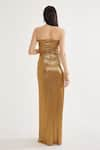 Cham Cham_Gold Stretch Knit Foil Embellishment Stones Straight Metallic Gathered Gown _Online_at_Aza_Fashions